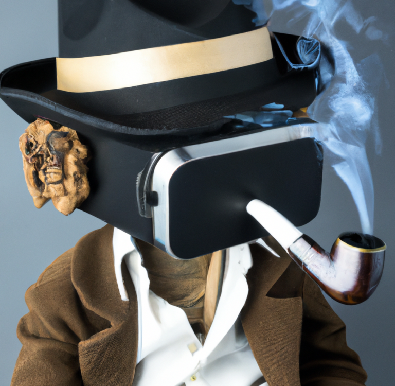 VR Is Bob Dylan : The image shows an anthropomorphized VR headset dressed as Bob Dylan with a smoking pipe.