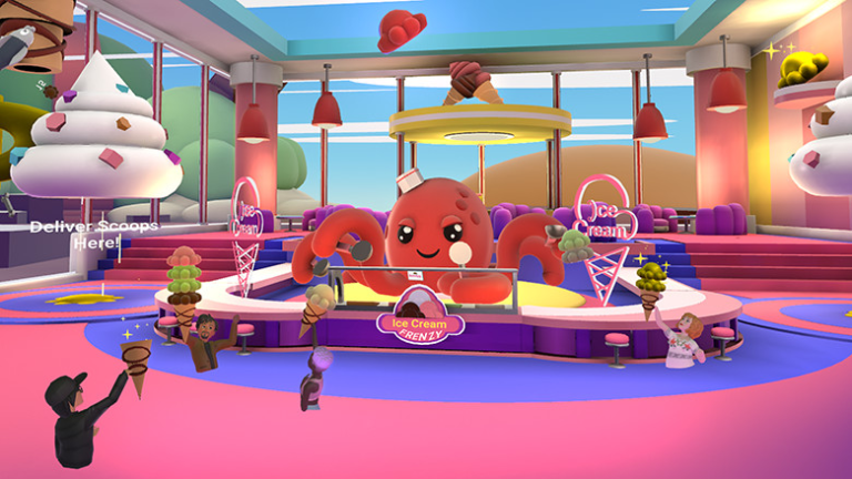 Meta Horizon Worlds room with a cartoony squid serving ice cream. Open Horizon will be a place for teens in VR to have safe, engaging experiences with each other.