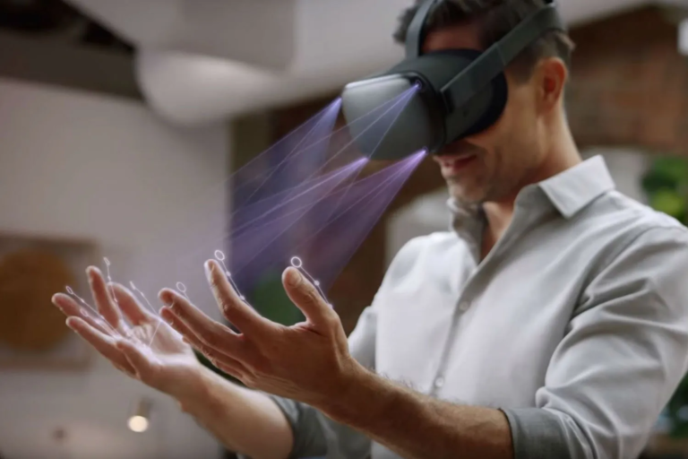 Touch And Body tracking VR in Meta Quest v50 ; a man with a headset sensing finger pad positions and hand positions