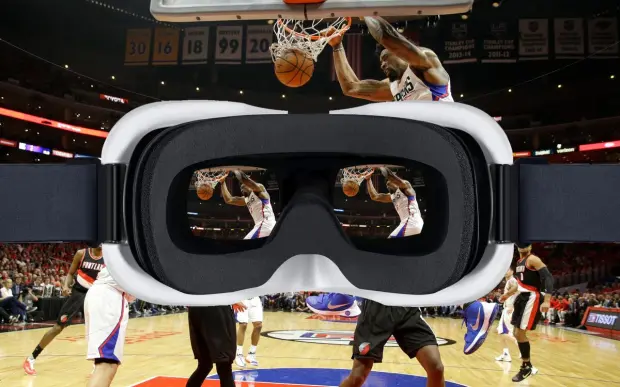 Picture of an nba player dunking from the perspective of a vr headset. get the nba vr schedule on this page!
