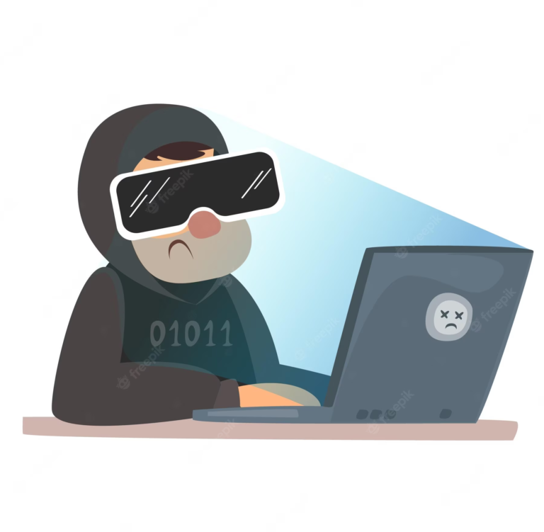 Child safety in VR is important; this image shows a cartoon hacker wearing vr goggles