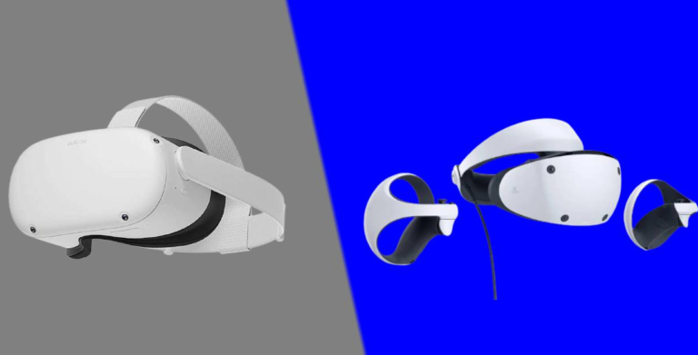 Quest 2 vs PSVR 2, the image shows both headsets on solid colored backgrounds