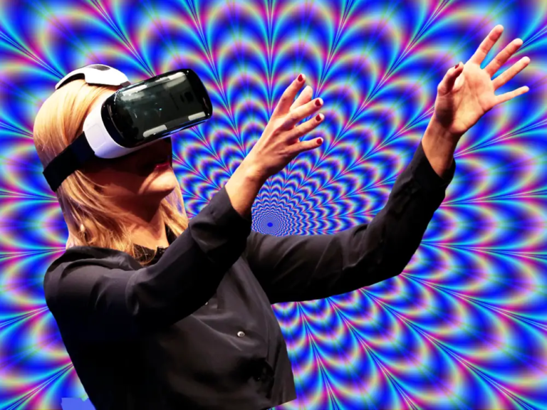 VR User having motion sickness; woman with blonde hair in vr headset with a warped background signifying motion sickness