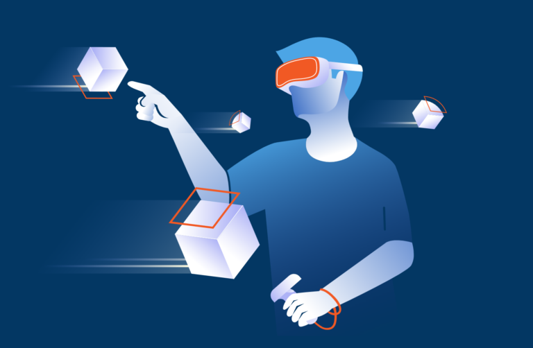 VR Safety Training; logo shows a cartoon of a vr user interacting with virtual cubes
